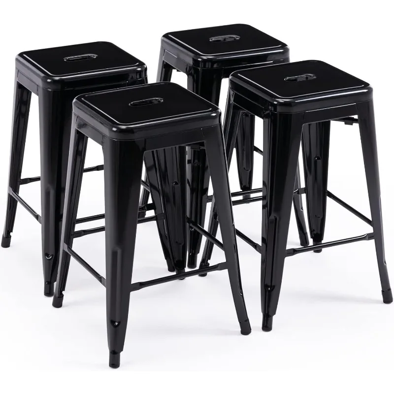 

24 Inch Metal Bar Stools, Backless Counter Height Barstools, Indoor Outdoor Stackable Stools with Square Seat, Set of 4 (Black)