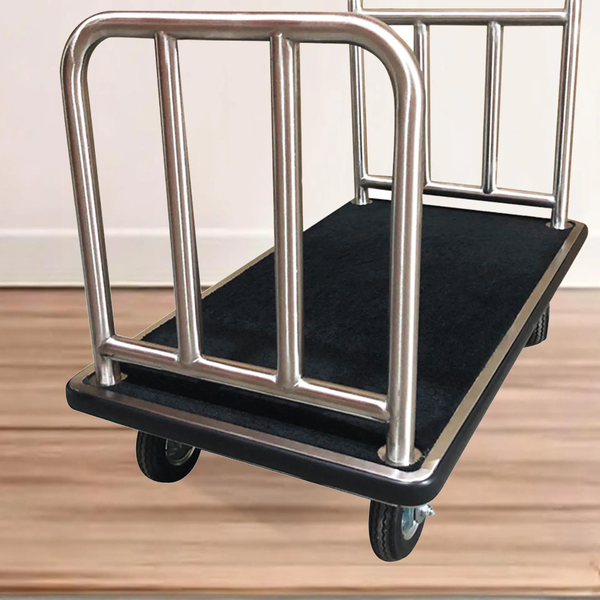 Hotel Luggage Cart, Stainless Steel, Travel Trolley with Rotating Wheels, Durable for Guest Use, Portable Hand Pull Cart