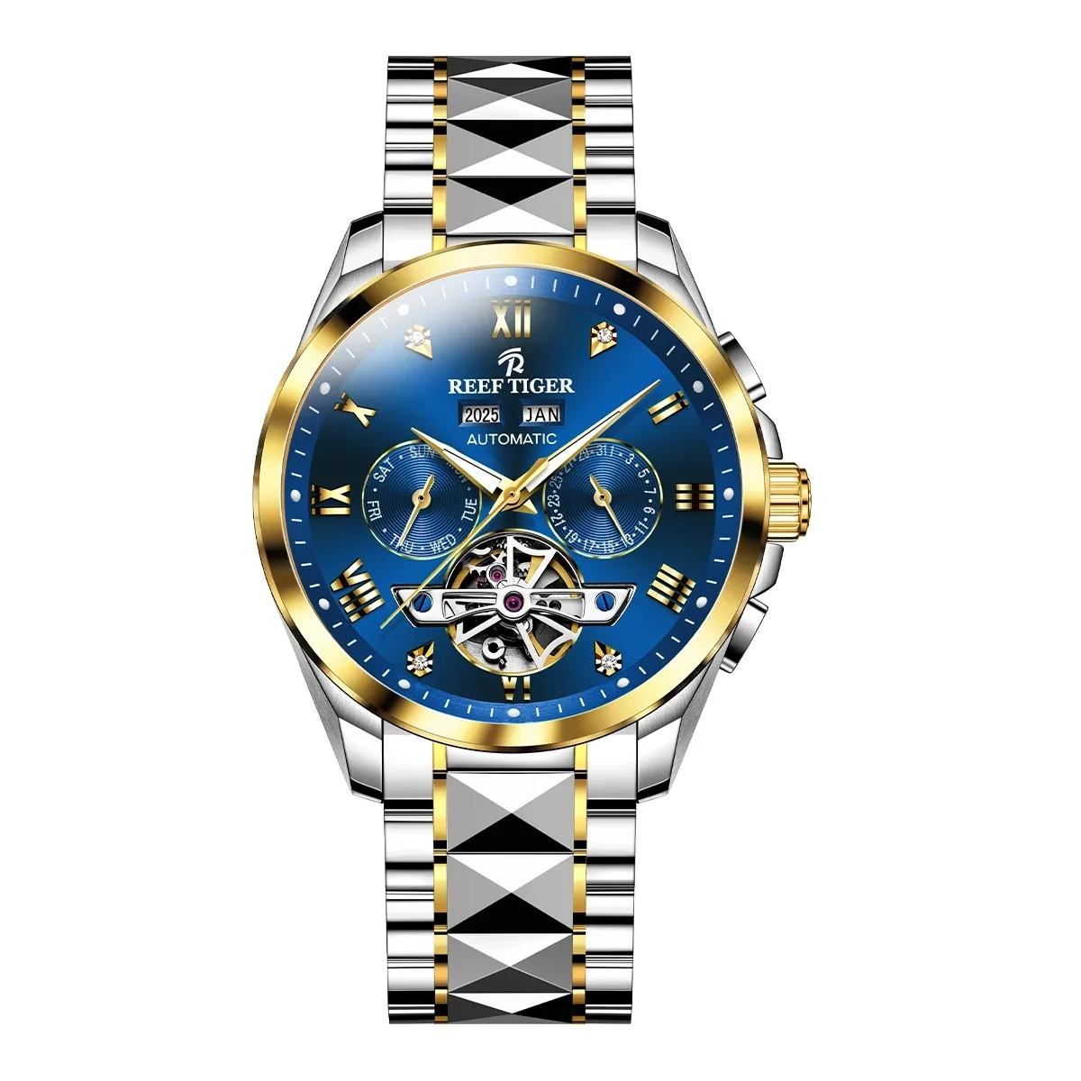 Reef Tiger Men Automatic Watch Luxury 41.5mm Mechanical Wristwatch Sapphire Mirror Luminous Multi-Dial Month Week Date 24 Hours