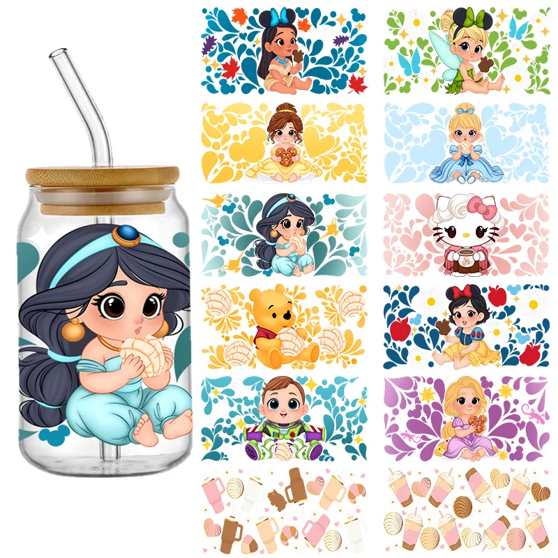 Princess 16oz Libbey Glass Can UV DTF Wrap DIY Libbey Glass Can UV DTF Transfer Senior 3D Sticker Winnie Bear