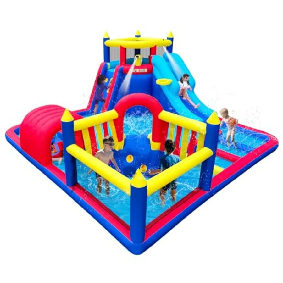 Inflatable Water Slide Park for outdoor party use, PVC material, blue and yellow, includes splash pool, dual slides, crawl tunn