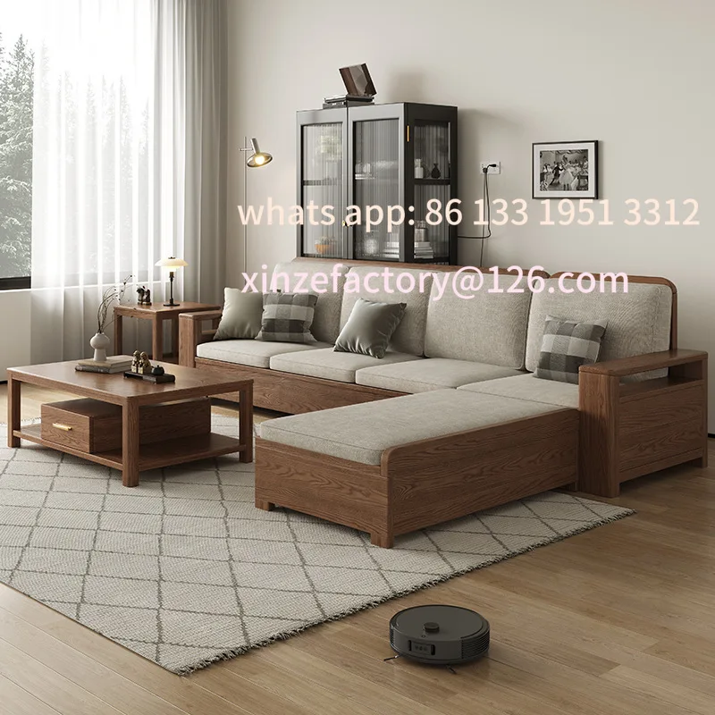 

Customizable ash wood all-solid wood sofa Nordic style modern simple living room storage small apartment fabric storage sofa set