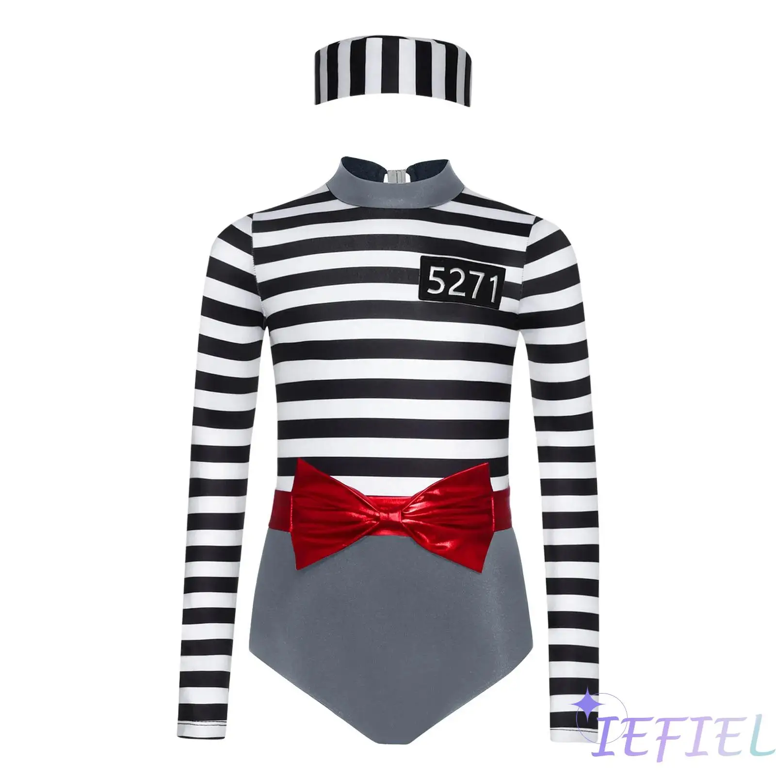 

Kids Girls Prisoner Cosplay Costume Set 3 Piece Striped Jumpsuit with Detachable Belt And Convict Hat for Halloween Dress Up