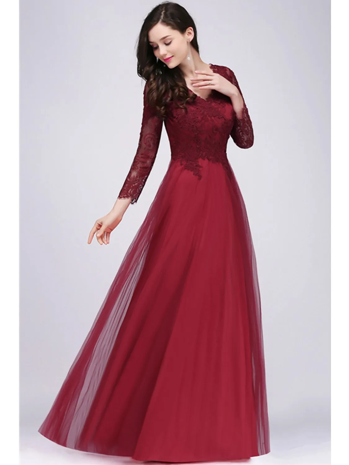 Sexy V Back Tulle Evening Dresses with Linning Burgundy Long Sleeve Lace A Line Female Prom Party Bridesmaid Maxi Gowns