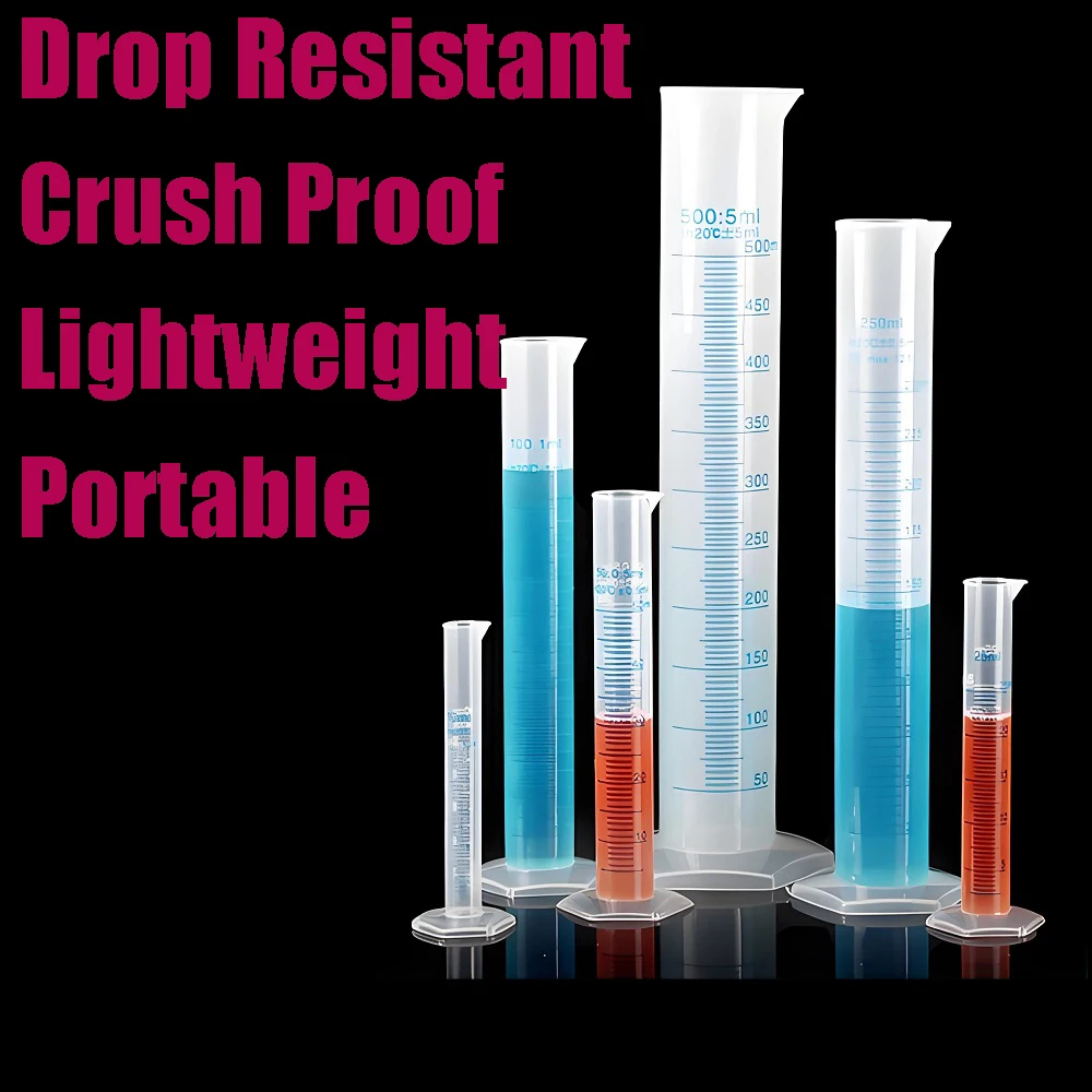 Plastic Graduated Cylinder Hexagonal Bottom Blue Tick Marks 10/25/50/100ml Tools for Chemistry Lab, School Lab, Etc