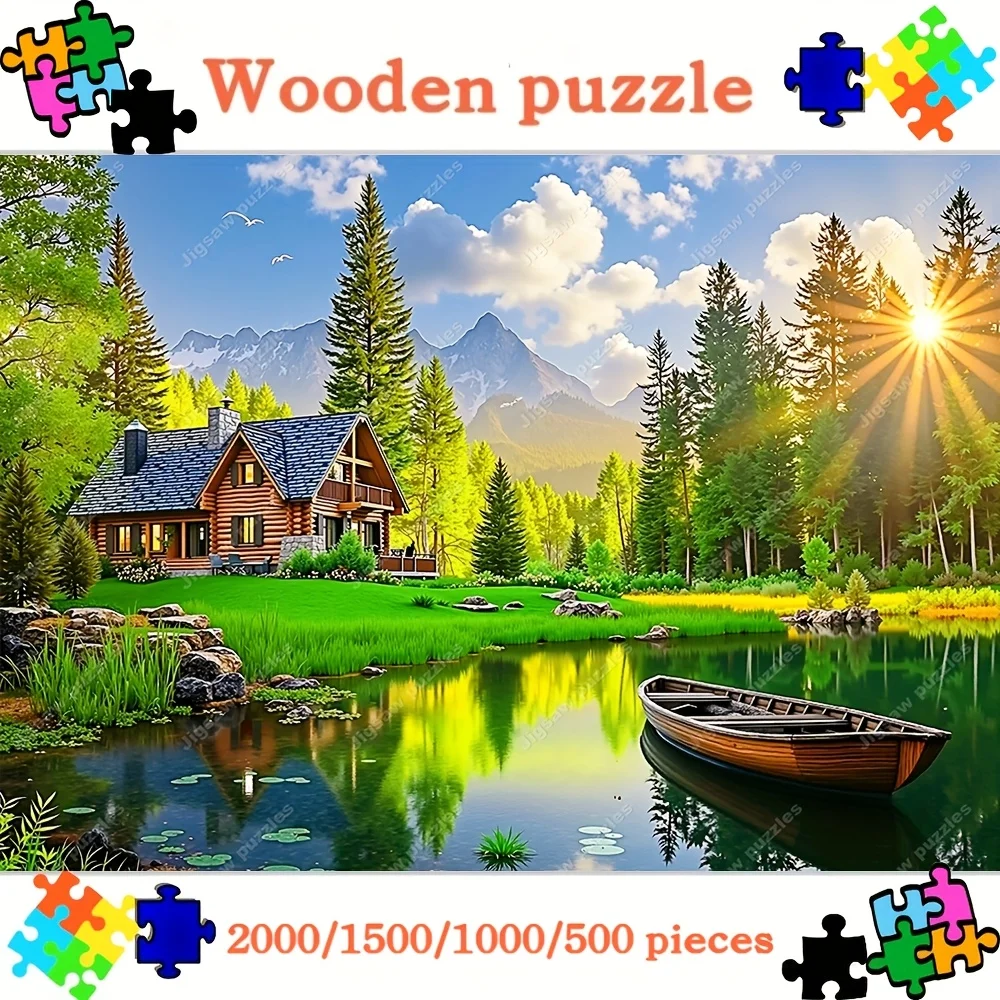 2000/1500/1000/500 Stück extra großes Puzzle für Erwachsene – herausfordernder hölzerner Denkaufgabe mit Hütte, See, Berglandschaft