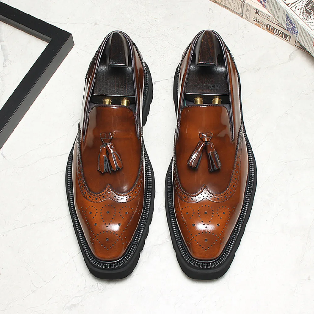 New Mens Business Formal Dress Shoes Genuine Leather Brogue Tassel Thick Sole Height Increasing Breathable Carved Loafers