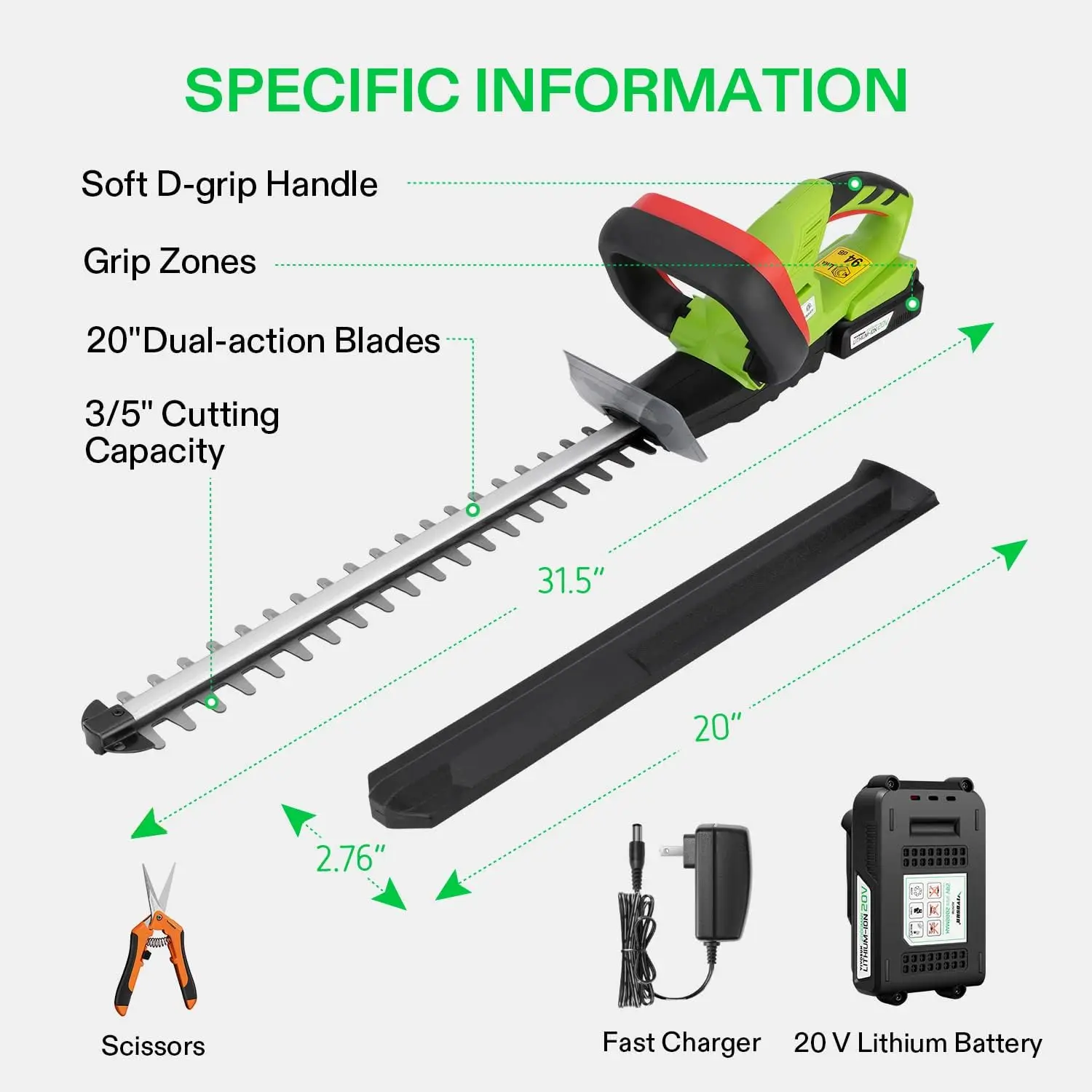 20"Cordless Hedge Trimmer,20V Electric Bush Trimmer,1400 RPM Shrub Trimmer,3/5"Cutting Capacity Battery&Fast Charger Included