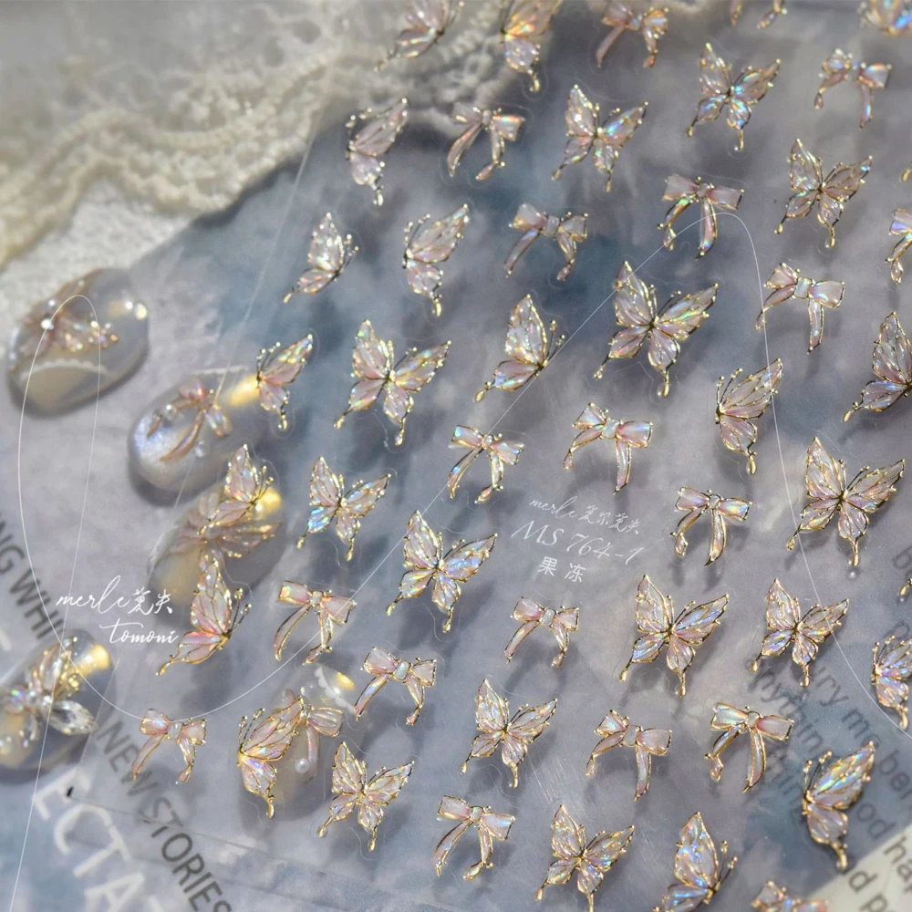 لامعة هلام فراشة الساحرة الذهبي التدرج Bowknot 5D ذاتية اللصق مسمار الفن ملصق زهرة البتلة حجر الراين مانيكير الشارات
