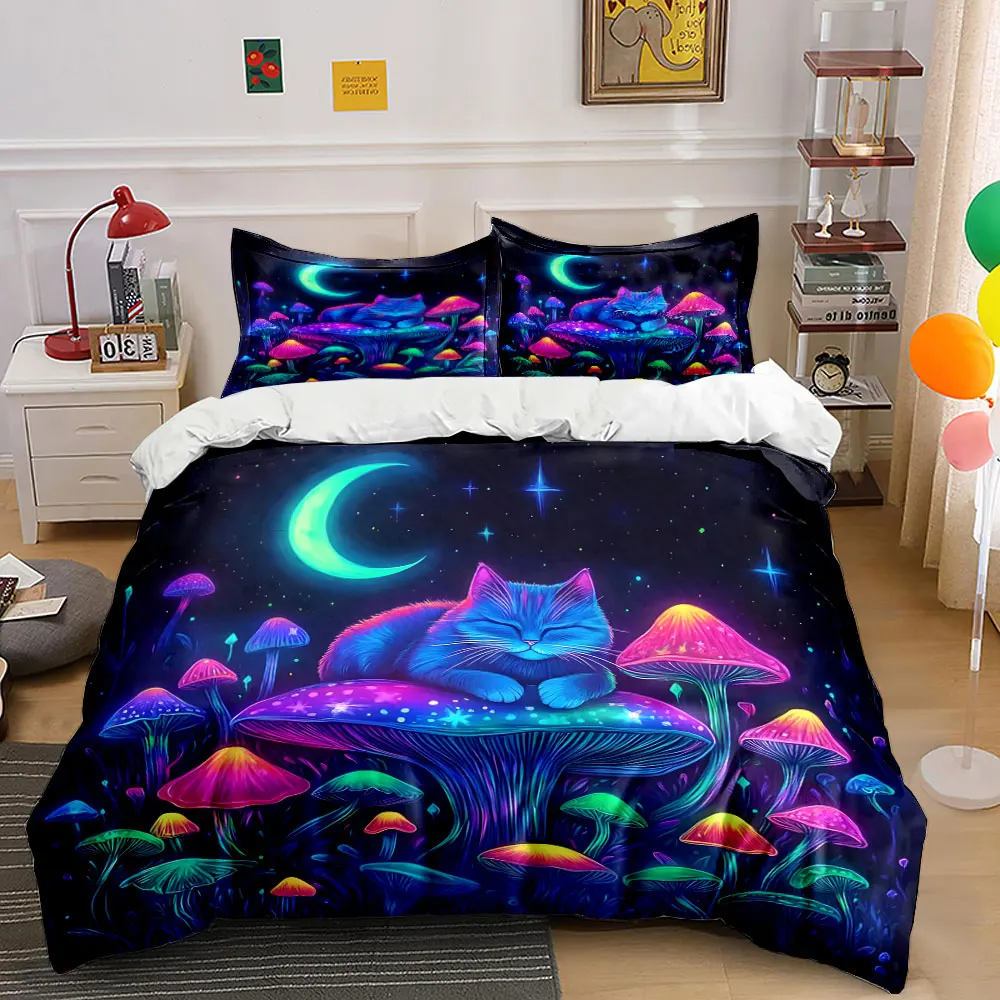 

Dreamy Cat and Glowing Mushrooms Print Bedding Set 1 Duvet Cover 2 Pillowcases for Adult and Children Luxury Gift Full Size