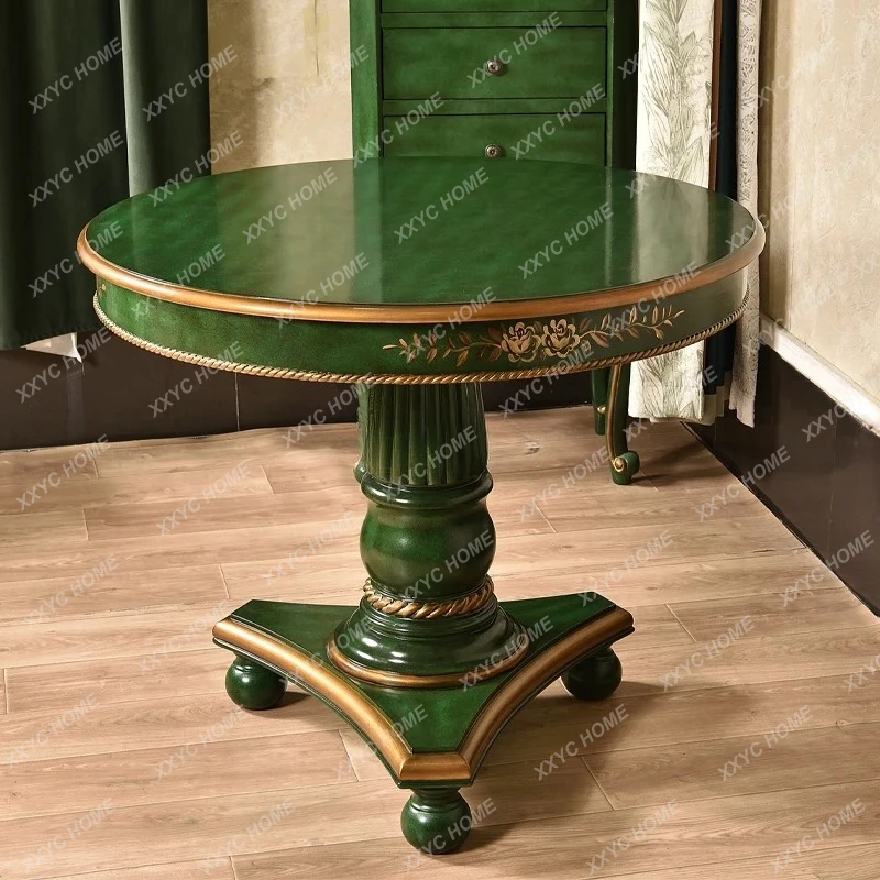 rural round dining table old solid wood home dining table retro green hand-painted gold small apartment set