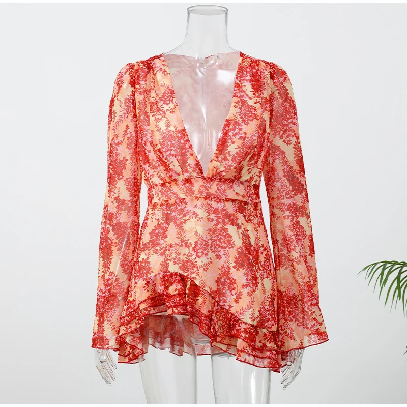 Lady Flare Puff Sleeve V Neck Mini Dress Women Floral Print Sexy Ruched Hem Bodycon Chic Dresses 2026 Party Summer Gowns Petite S1bcb1393a7344778ac3be4633b7deba1P
