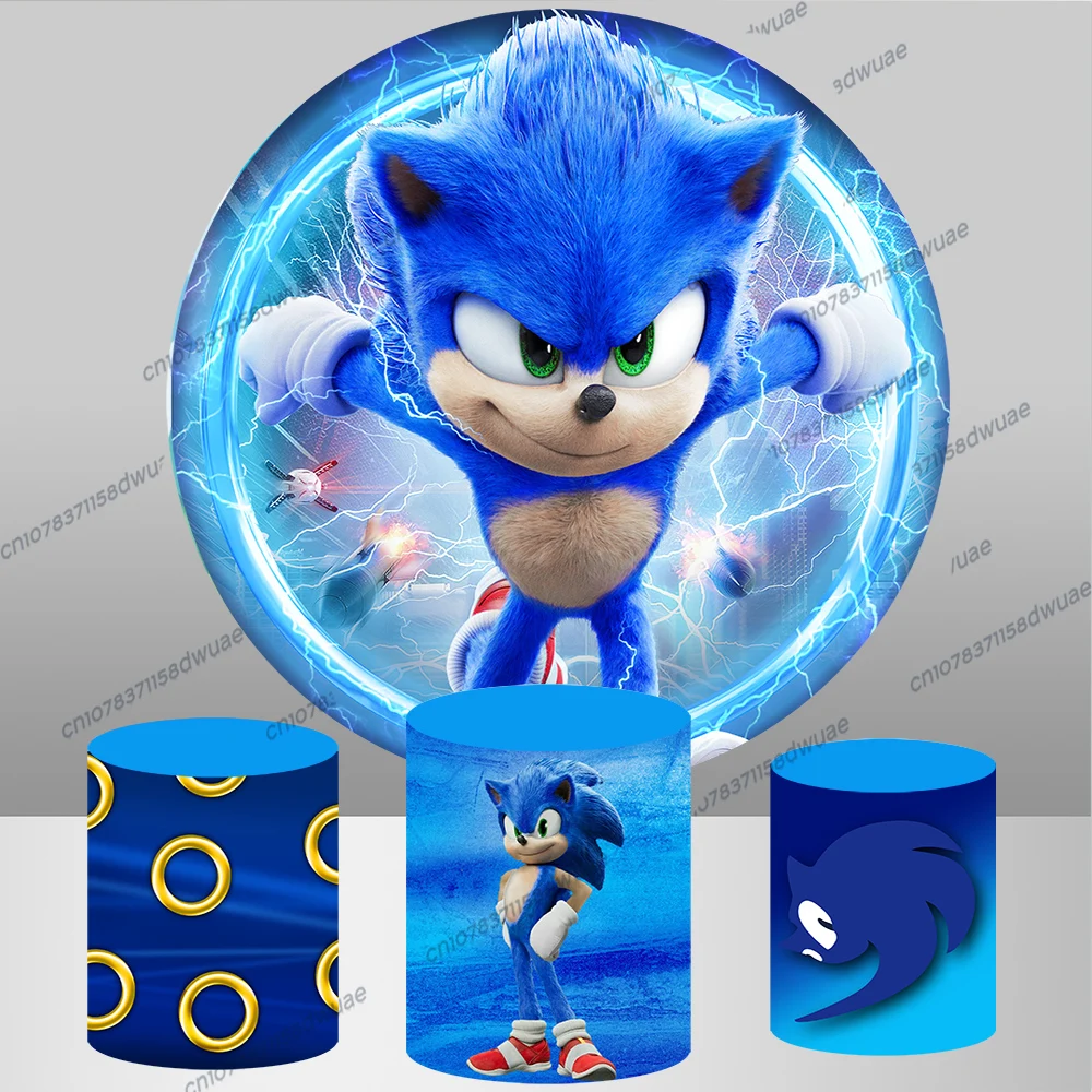 Blue Sonic Birthday Party Photo Backdrop Round&Cylinder Cover Photo Background Baby Shower Photography Backdrop