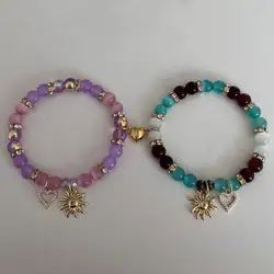 2PCS/Set Purple Goth Matching Bracelets For Couple Magnetic Heart Beaded Bracelets Gold Color Sun Love Pendant Bracelets Jewelry