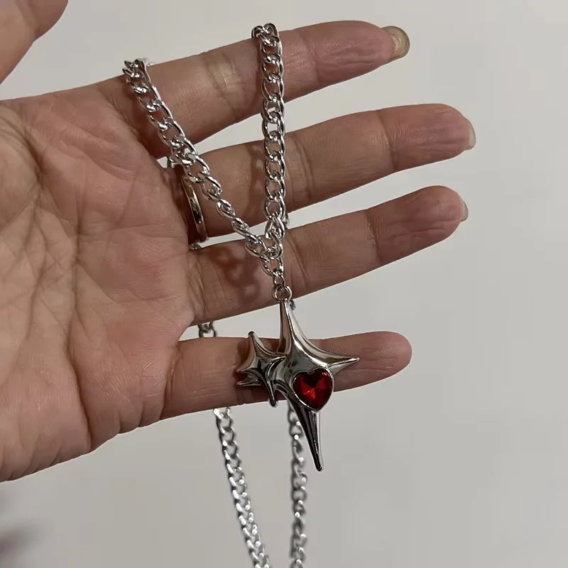 4-piece Gothic necklace set with a cross, blood dripping heart, red diamond, four cornered star, black rope, Cuban layered chain