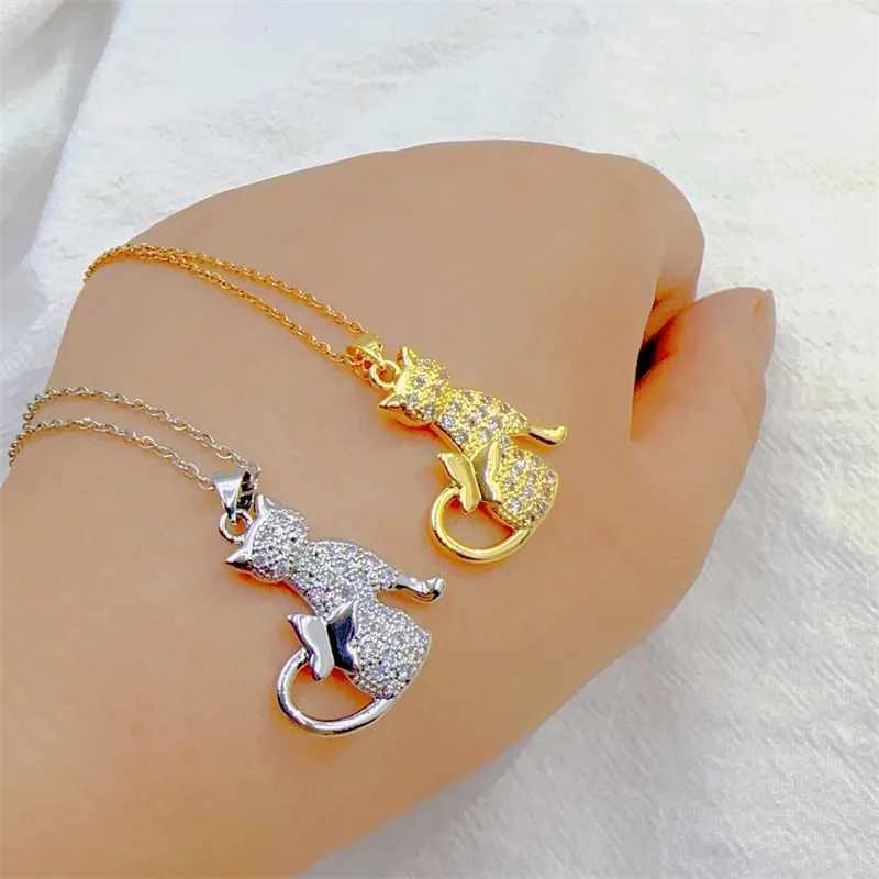 Exquisite Micro-inlaid Cute Cat Necklace Fashion Personality Long Tail Butterfly Animal Stainless Steel Versatile Clavicle Chain