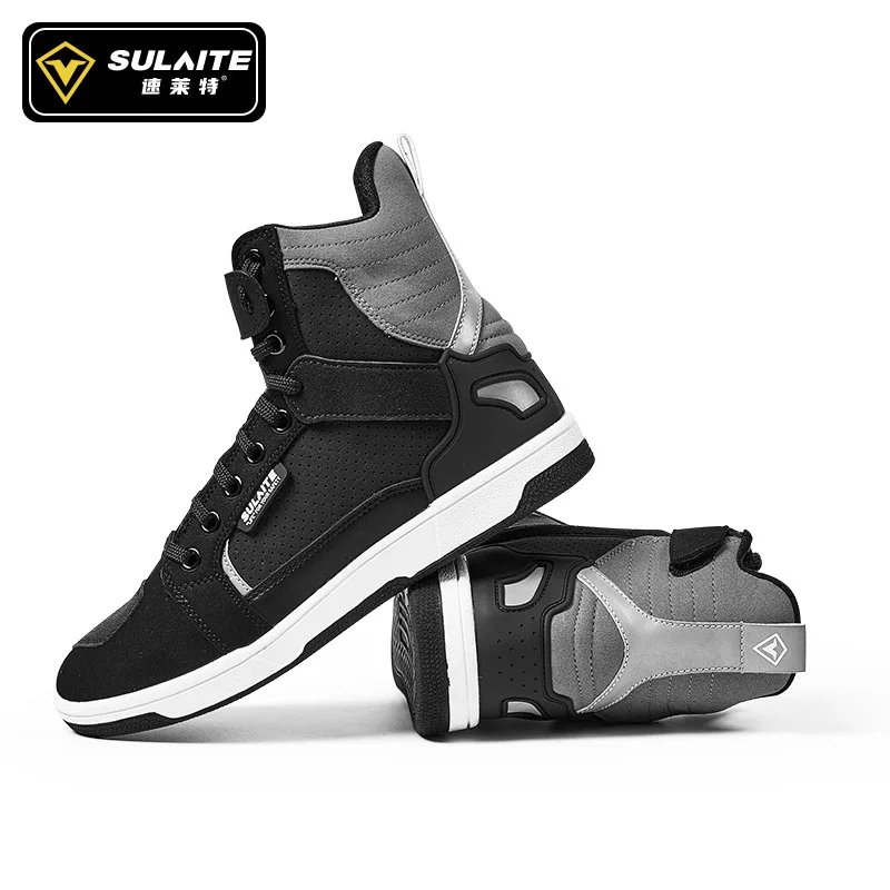SULAITE B1 Motorcycle Shoes Men Breathable Riding Sneakers Anti-slip Sole Ankle Support Reflective Outdoor Moto Gear Black Grey
