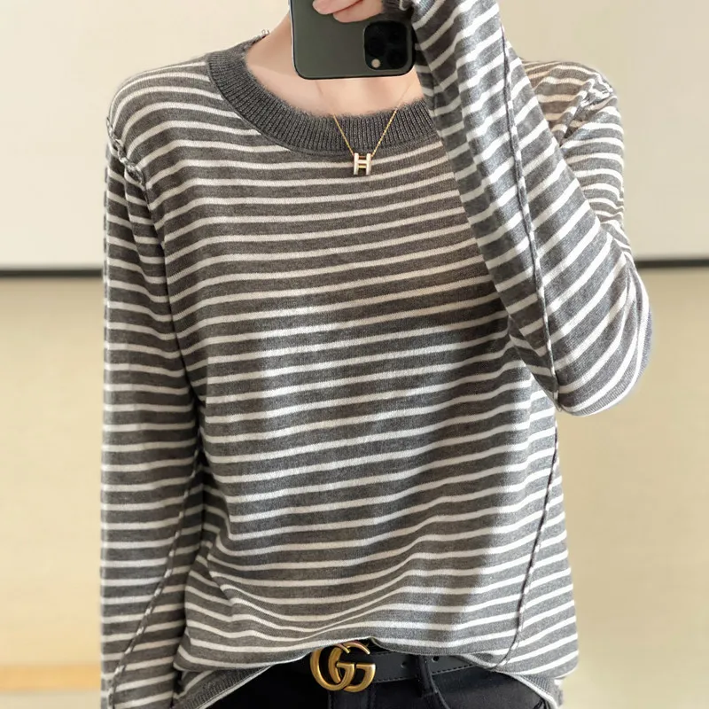 

Women's Wool Sweater, O-Neck, Tassels Stripe Pullover, Loose Casual Knit Base Tops, Spring, Autumn Fashion, New, Hot Sale