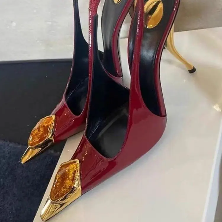 Star style Gemstone Metal Toe Patent Leather Women Pumps Fashion Stiletto High heels Spring Autumn Slingbacks Party Dress Shoes view 5