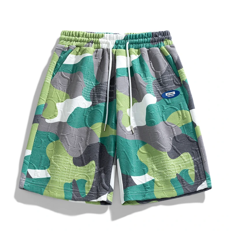 Summer Men's Elastic High Waisted Geometric Gradient Camouflage Printed Pockets Casual Trousers Beach Shorts Drawstring Pants