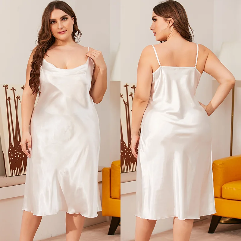 3XL Big Size Sexy Strap Nightdress Nightwear Loungewear Nighty Gown Nightgown Women Sleepwear Summer Silky Satin Home Dress