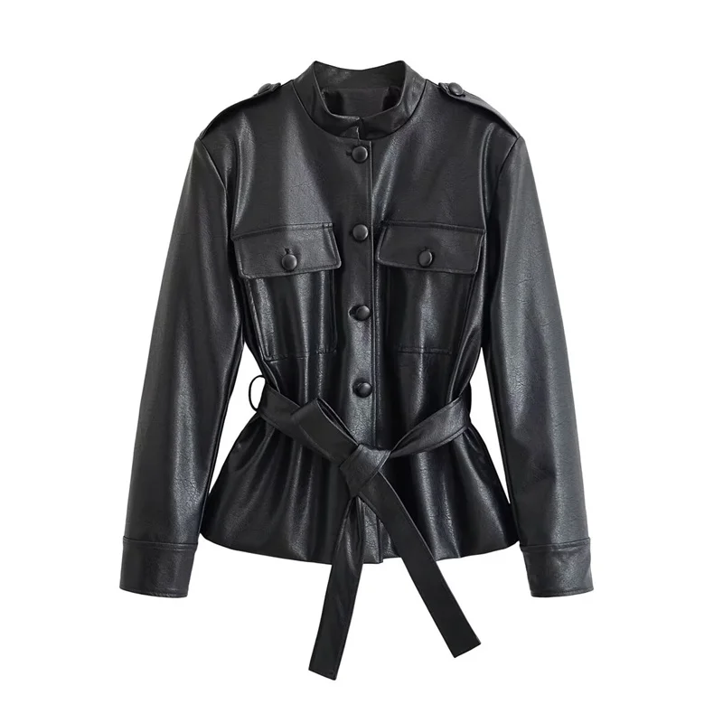 Guobioziy 2026 Women's Faux Leather Short Jacket with Stand Collar and Belt Design for Party Casual and Everyday Wear