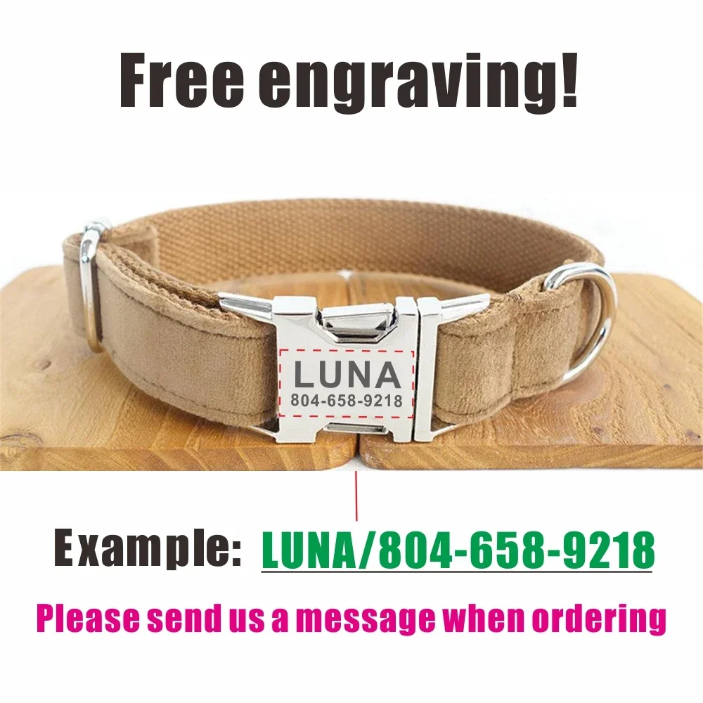 Personalized Dog Collar with Free Engraving, Matching Pet Leash,Customzied Contacts Metal Buckle,Camel Brown Suede Pet Collar