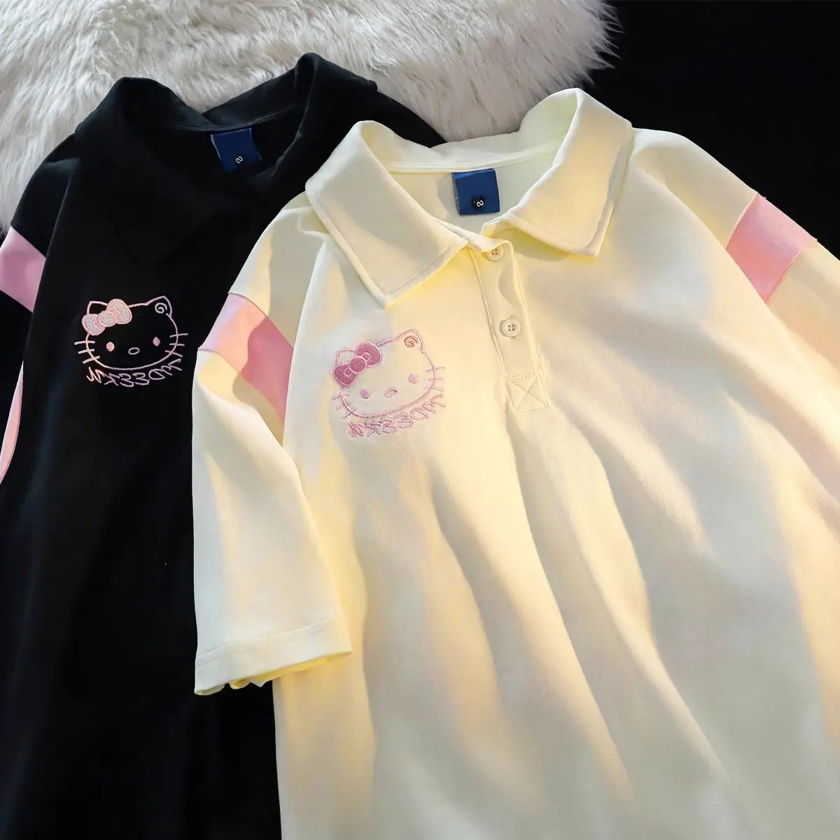 Hello Kitty Embroidered Cartoon Short Sleeved Polo Shirt for Women Y2k Sweet T-shirt Loose Casual Summer Academy Couple Tops