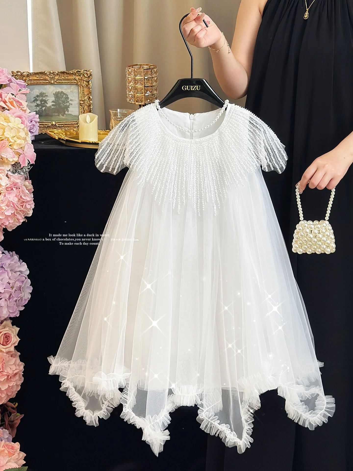 princess-style-white-summer-dress-for-girls-children's-high-end-birthday-costume-flower-girl-skirt-with-tassel-and-beads