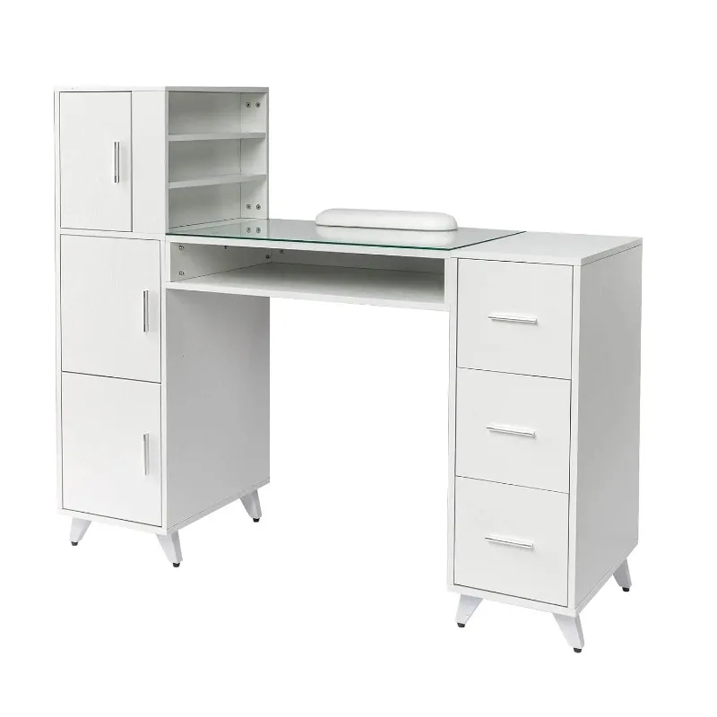 Manicure Table Nail Desk for Nail Tech w/Glass Top & Wrist Rest, Beauty Salon Nail Supplies Decor Workstation, Customized