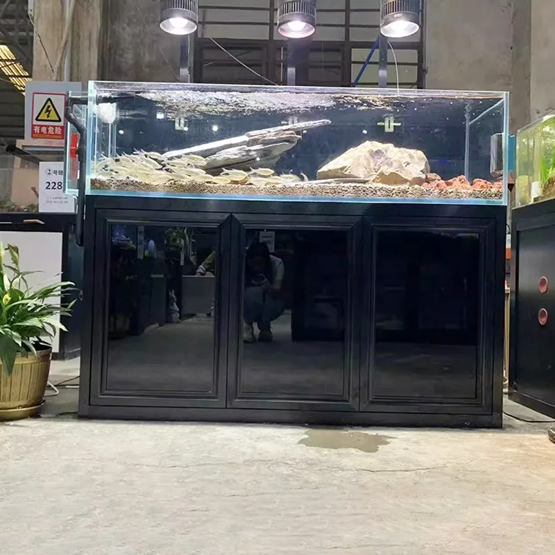 Large Custom Ultra Clear Glass Aquarium Fish Tank with Black Cabinet Stand, Complete Freshwater Aquarium with Sump Filter System