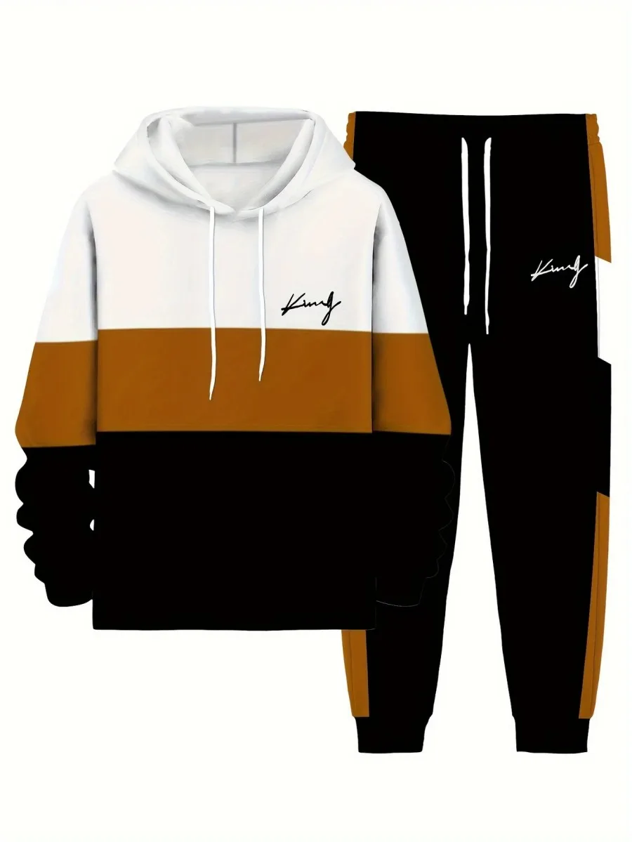 طقم سويت شيرت رجالي بأكمام طويلة وقلنسوة ومطبوع متباين مكون من قطعتين وسراويل رياضية غير رسمية مناسبة لفصل الربيع والخريف