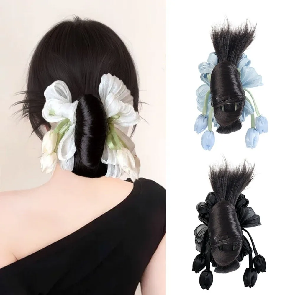 New Synthetic Hair Bun Claw Clip Tulip Fluffy Bun Head Wig Flower Pendant with Mesh Hairpiece Hair Accessories