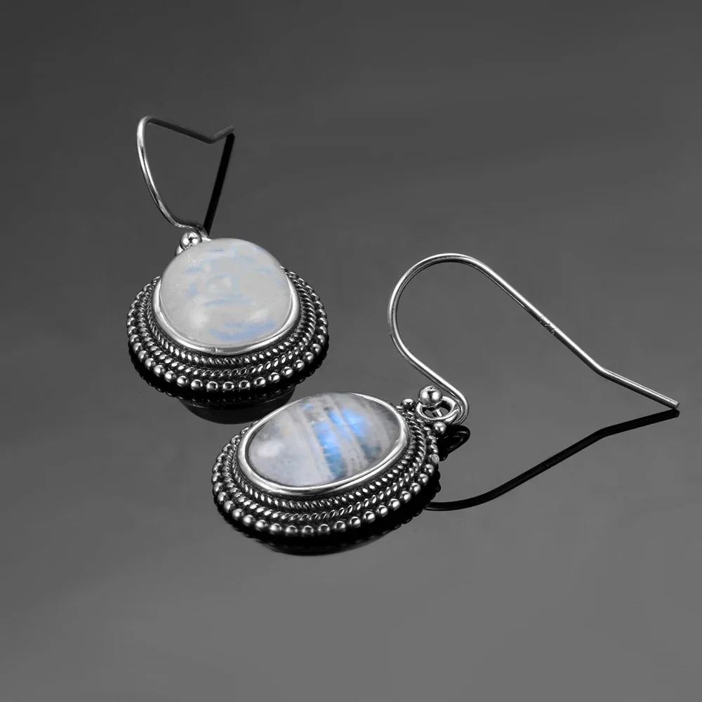 Silver Plated Earring Large Oval Natural Moonstone Earrings for Women Vintage Luxury Ear Jewelry Party Birthday Gift
