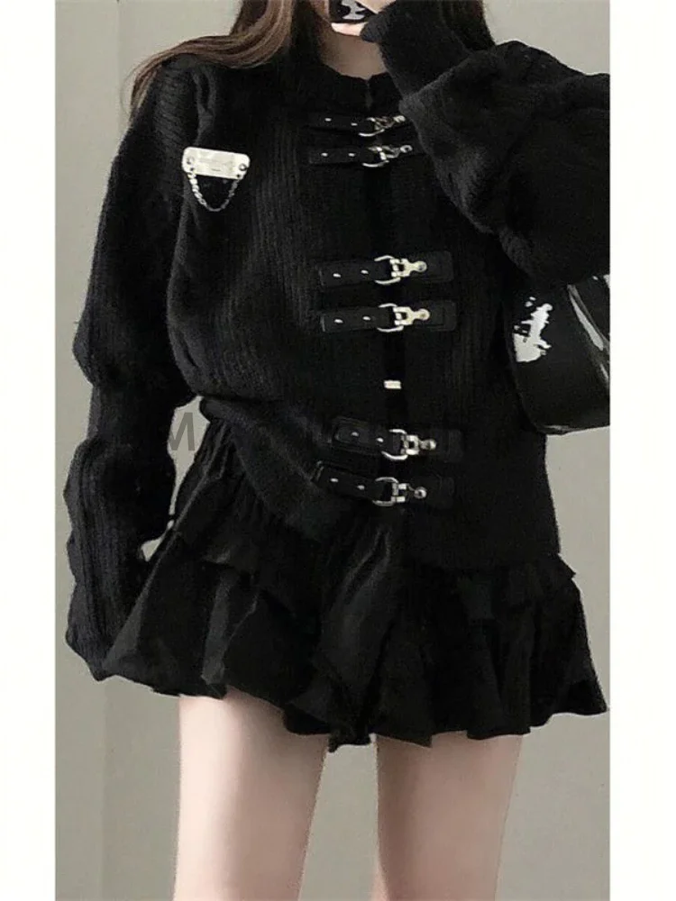 Design Sense Leather Buckle 2 Piece Set Women Autumn Cardigan Sweater Coat +A-Line Pommel Skirt Female Y2k Sexy Fashion Suit