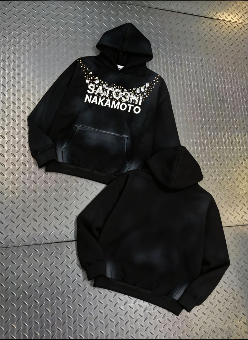 Streetwear Style Satoshi Nakamoto Retro Hoodie Necklace with Button Embellishment Unisex Long Sleeve Cotton Sweatshirt