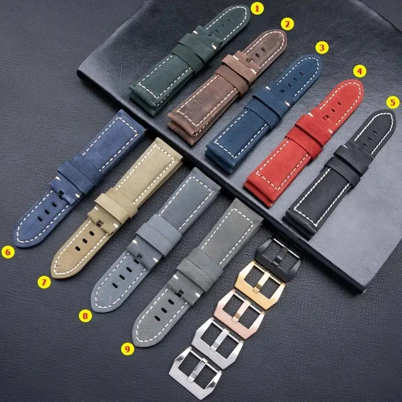 SCHIK First Layer Soft Cowhide Leather Watchband Nubuck Vintage Bracelet 24mm For Panerai Strap For 44mm Dial Stainless Pin