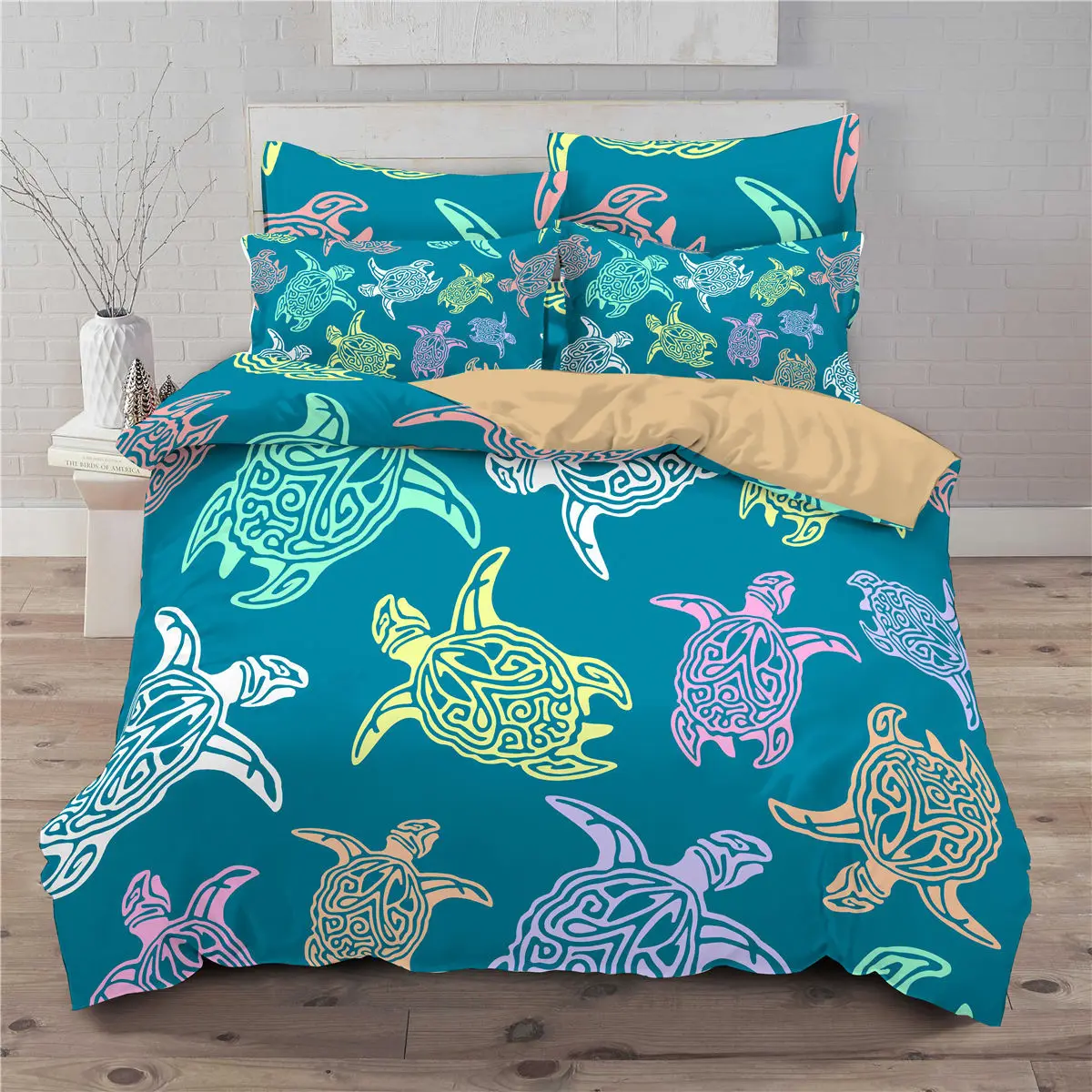 

Sea Turtle Duvet Cover Queen Size Boy Beach Turtle Comforter Cover Polyester 2/3pcs Teal Aqua Blue Abstract Tortoise Bedding Set