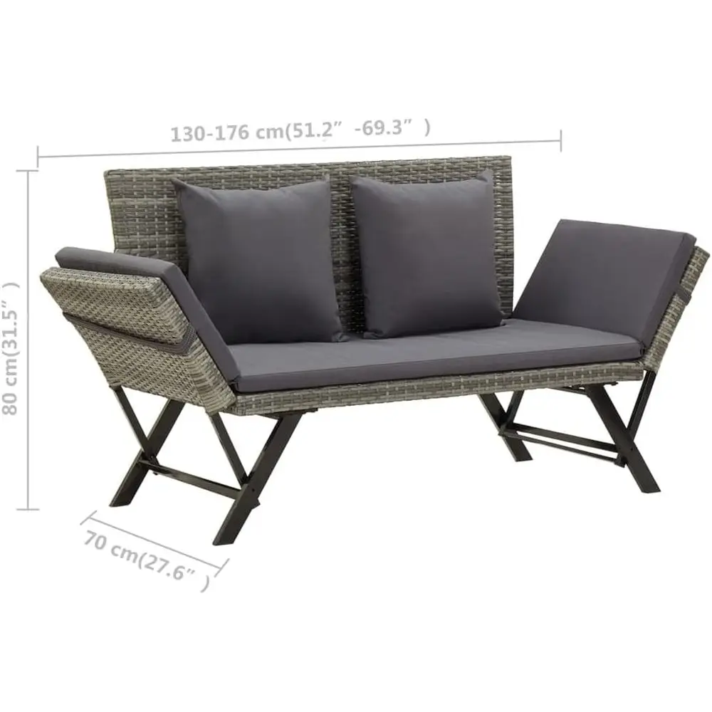 vidaXL Convertible Patio Bench/Sun Bed with Cushions, Weather-Resistant Gray Poly Rattan, Steel e, Adjustable Sides and Removabl