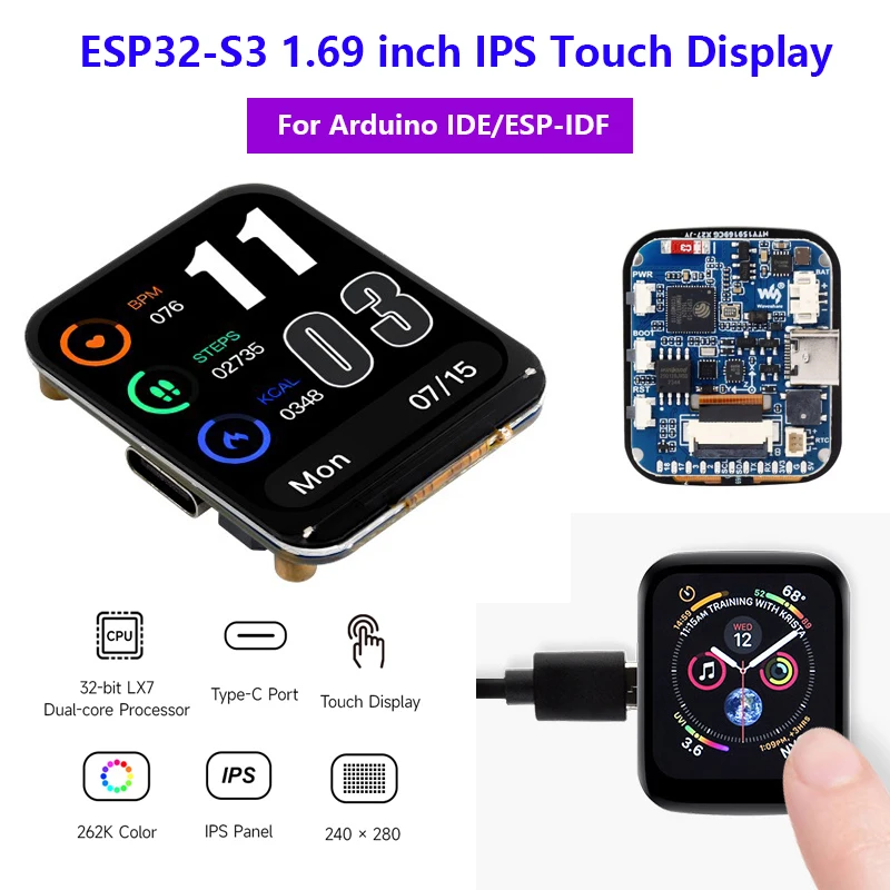 waveshare-esp32-s3-169-インチタッチディスプレイ開発ボード、240-280-st7789v2-spi-lcd-ディスプレイモジュール-arduino-ide-esp-idf-用