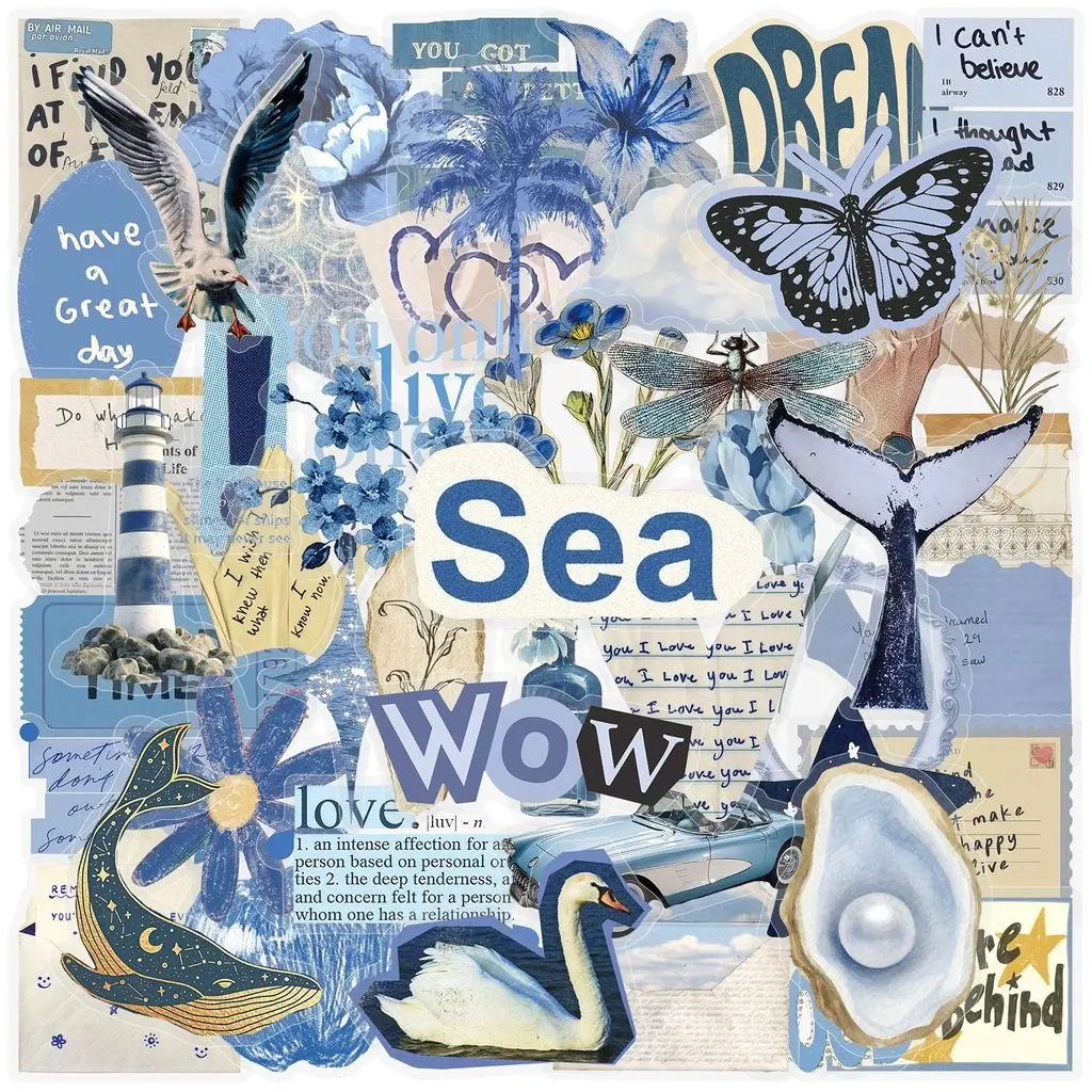 Vintage Blue Ocean PET Stickers 50pcs Waterproof Sea Pattern Decals for Notebook Skateboard Journal DIY Decor AnimeWorlds Store