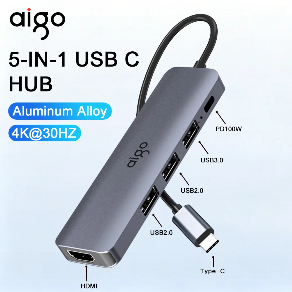 Aigo 5 in 1 USB C Hub 4K HDMI Splitter US3.0 2.0 Docking Station 100W fast charge Multiport Adapter Type C HUB For Laptop Phone