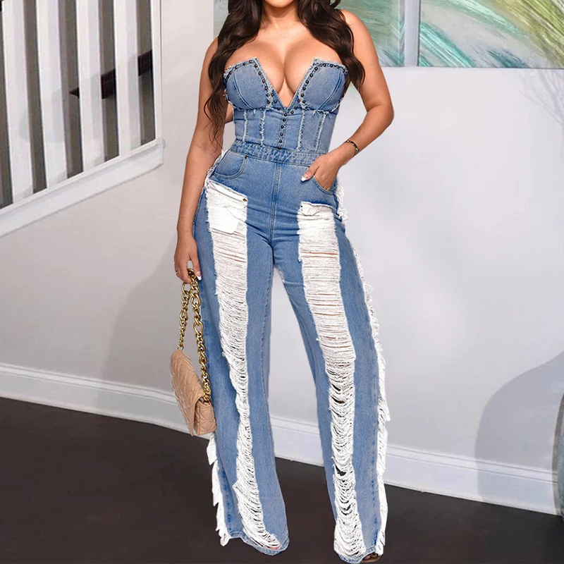 BKLD Summer Slim Fit Denim V-neck Backless Tassel Trendy Jumpsuit Women's Strapless High Waist Ripped Pocket Sexy Street Rompers