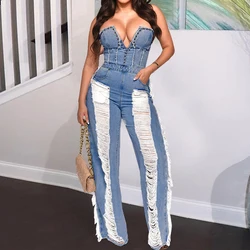 BKLD Summer Slim Fit Denim V-neck Backless Tassel Trendy Jumpsuit Women's Strapless High Waist Ripped Pocket Sexy Street Rompers