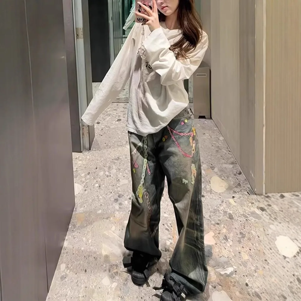 American Vintage New Fashion Hip Hop Women's Printed Casual Trendy Basic Daily Wide Leg Straight Denim Trousers Female Jeans