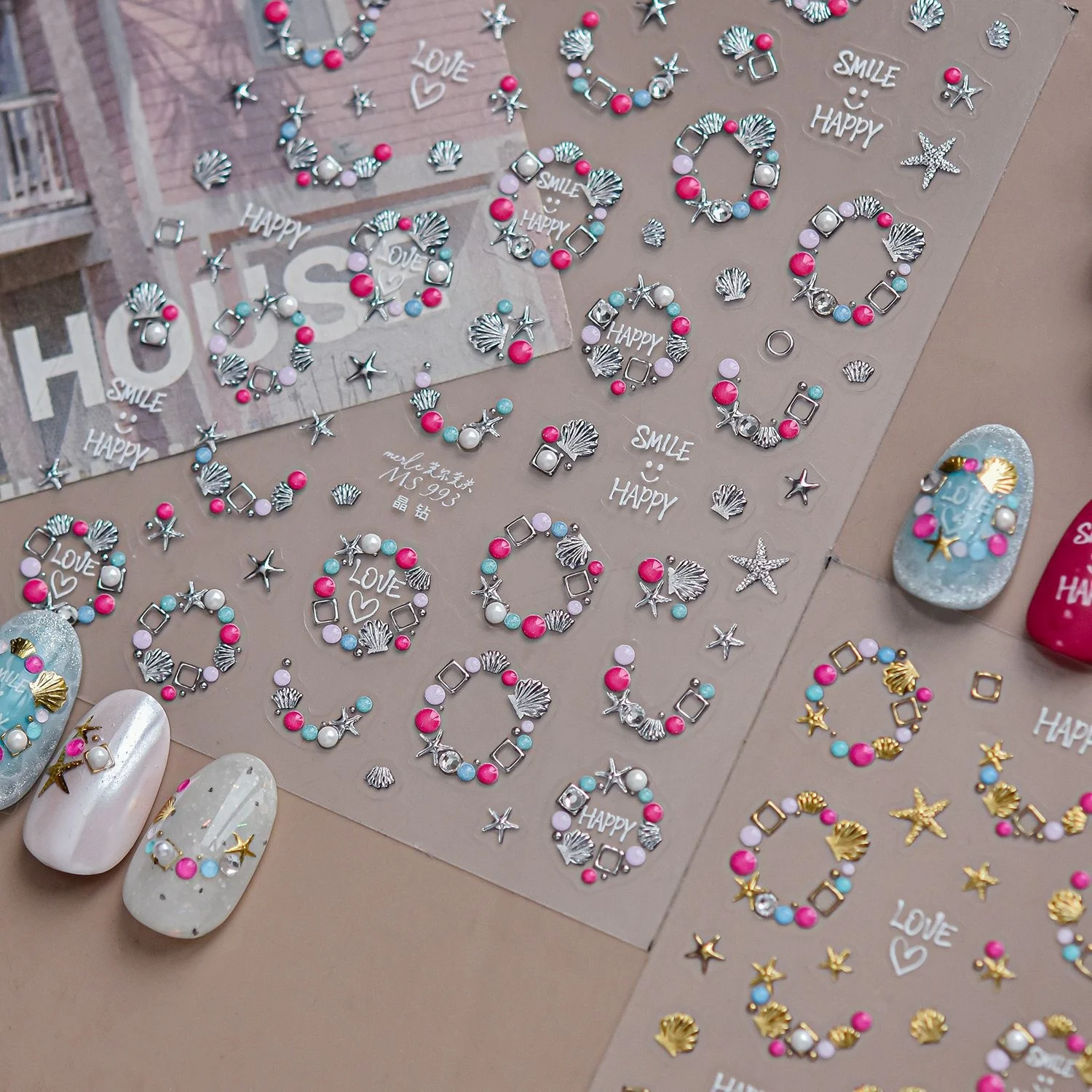 5D Metal Hoop Square Border Summer Nail Decals Pearl Shell Starfish Blue White Marine Nail Stickers Elegant Accessories Decor