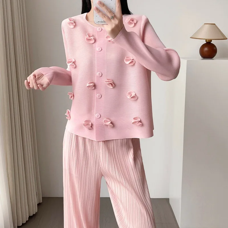 Miyake Pleated Cardigan 2026 New 3D Flower Long Sleeve T-shirt Thin Sunscreen Single-breasted Jacket Women Stretch Top Clothing