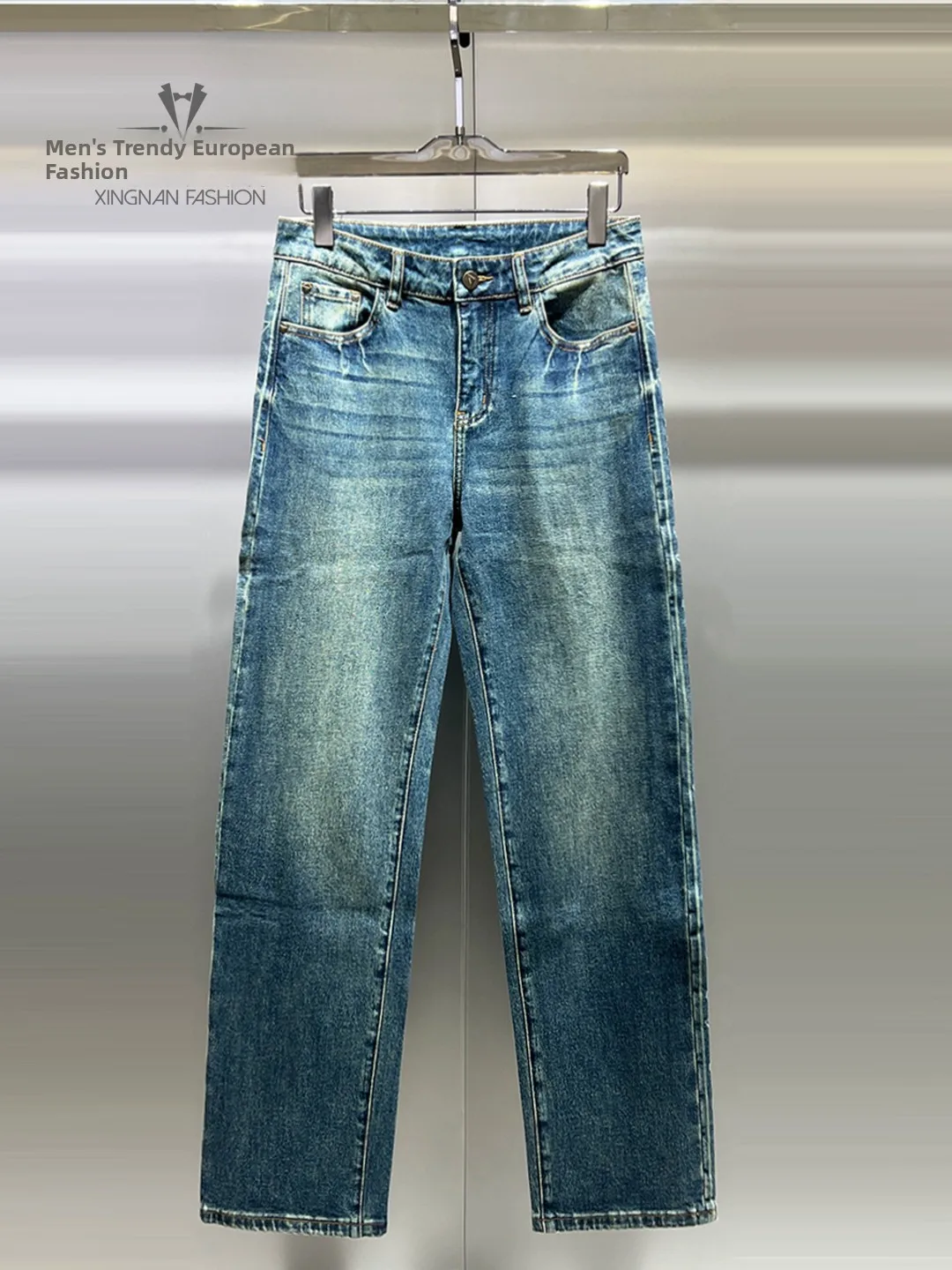 

Retro Waed Straight Leg Men's Jeans Autumn Winter Faion Personalized Side Letter Emed Wide Leg Pants Trendy