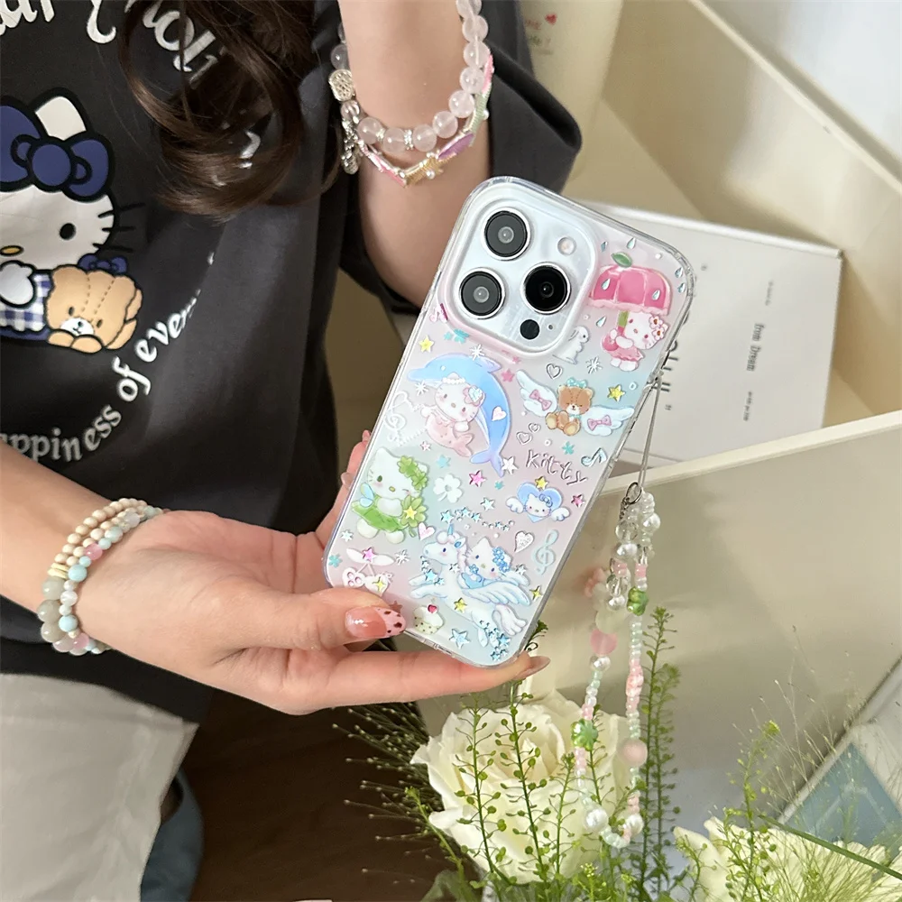 

New cartoon dolphin HelloKitty phone case for iPhone 13 14 15 16 Pro Max 16 Fundas Girls Cute Protective Cover For Apple 15 pro