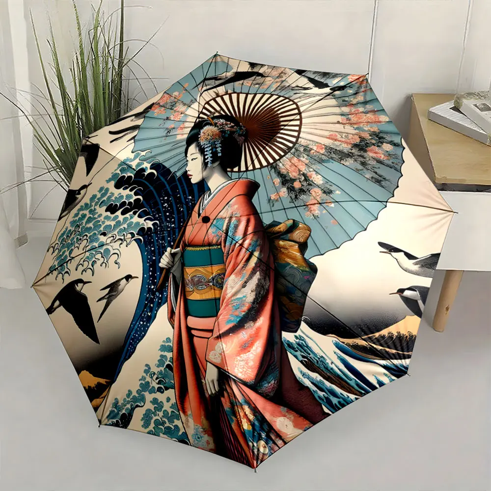 1PC Elegant Design of Geisha and Waves on a Beautiful Umbrella Print 8 Iron Ribs Folding Umbrella Auto-Open Fashion Sunshade